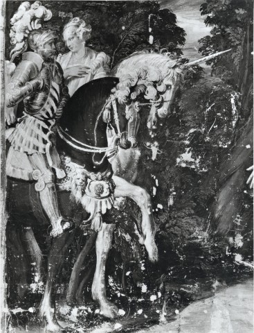 A. Villani e Figli — Nicolò dell'Abate (1509-1571). Canto VII dell'Orlando Furioso: Alcina riceve Ruggero (particolare). Bologna, Pinacoteca Nazionale — particolare, Ruggero a cavallo